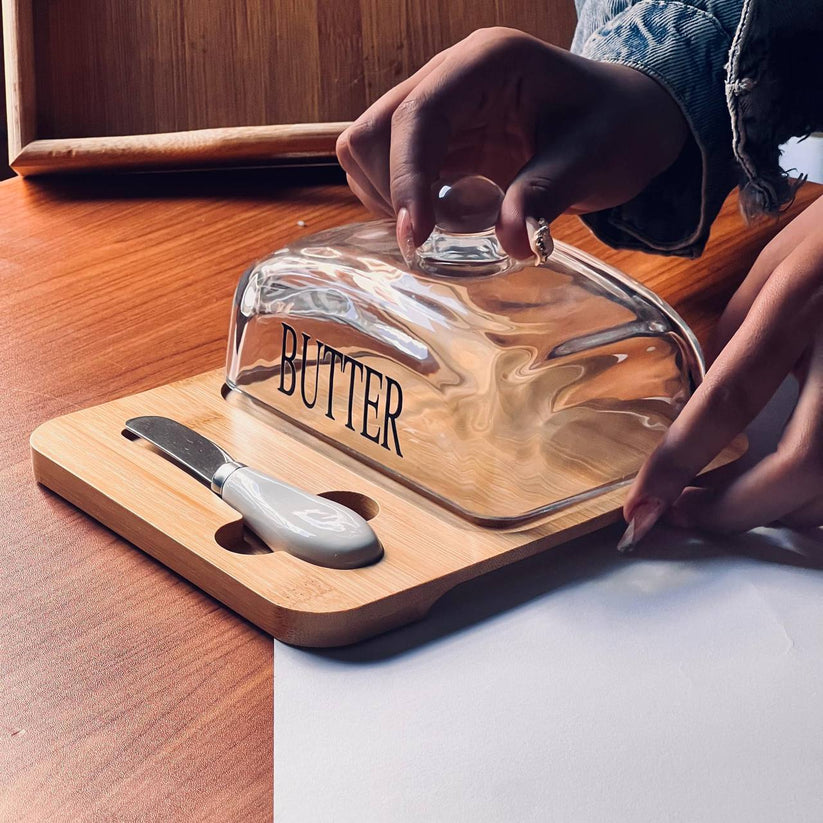 Glass Butter Dish with Bamboo Base & Knife - My Store