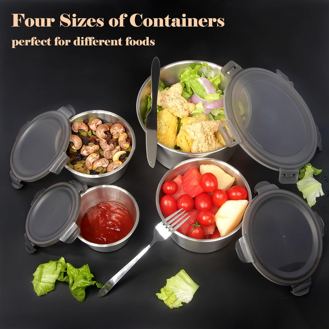 4 pcs  Airtight Stainless Steel Food Container & Storage Bowl Set with Lock Lids