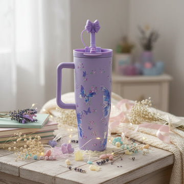 Sitarayuri™ Premium Lavender Butterfly Stainless Steel Travel Tumbler with Handle & Bow Straw