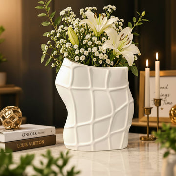 Geometric Wave Grid Ceramic Accent Vase