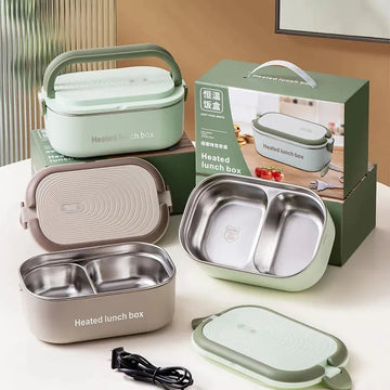 Electric Heated Lunch Box – Stainless Steel, 2-Compartment Portable Food Warmer