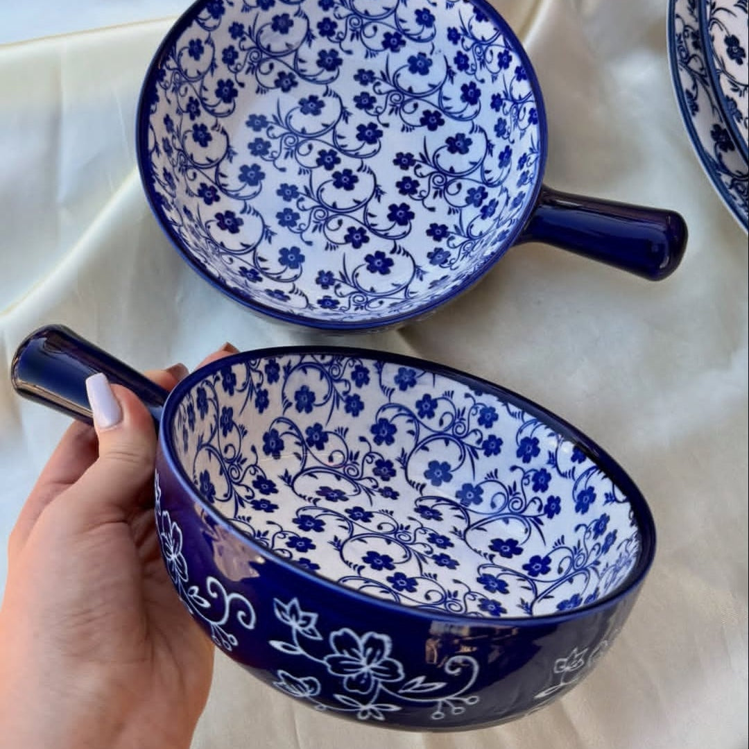 Handcrafted 6-inch classic blue and white floral ceramic handled bowl
