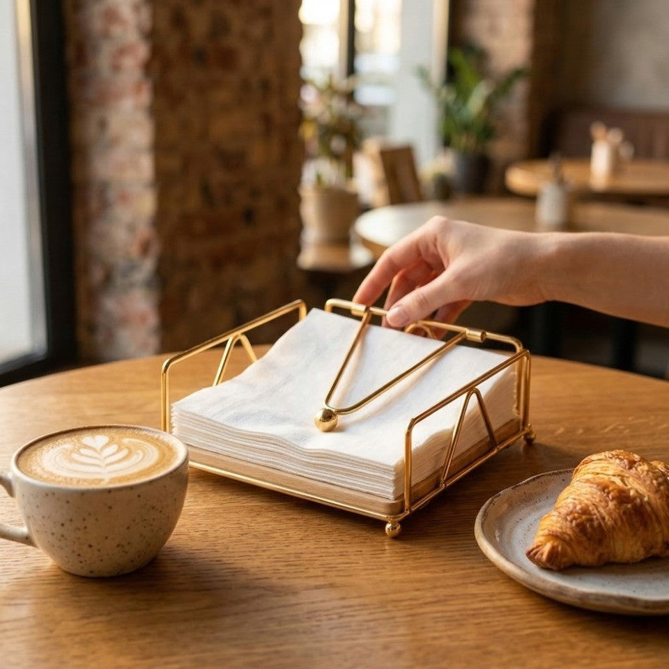 Modern metal napkin and tissue holder with weighted arm