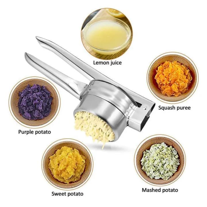 A stainless steel manual potato masher with a large handle, shown prominently on a white background, with three smaller inset photos at the bottom demonstrating it in use for mashing potatoes and making tomato sauce.