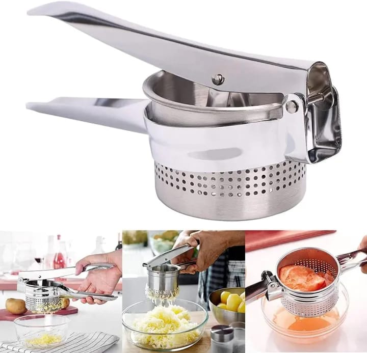 A stainless steel manual potato masher with a large handle, shown prominently on a white background, with three smaller inset photos at the bottom demonstrating it in use for mashing potatoes and making tomato sauce.