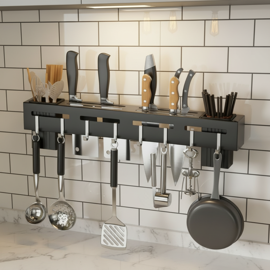 Multi-functional wall-mounted stainless steel kitchen knife rack and utensil organizer