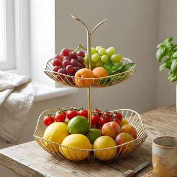 Gold Metal Multi-Layer Swing Fruit Basket Stand (2-Tier) – Elegant Kitchen Organizer