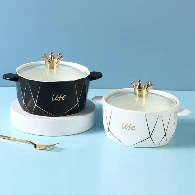 Crown top ceramic noodle and soup bowl with glass lid 1200ml