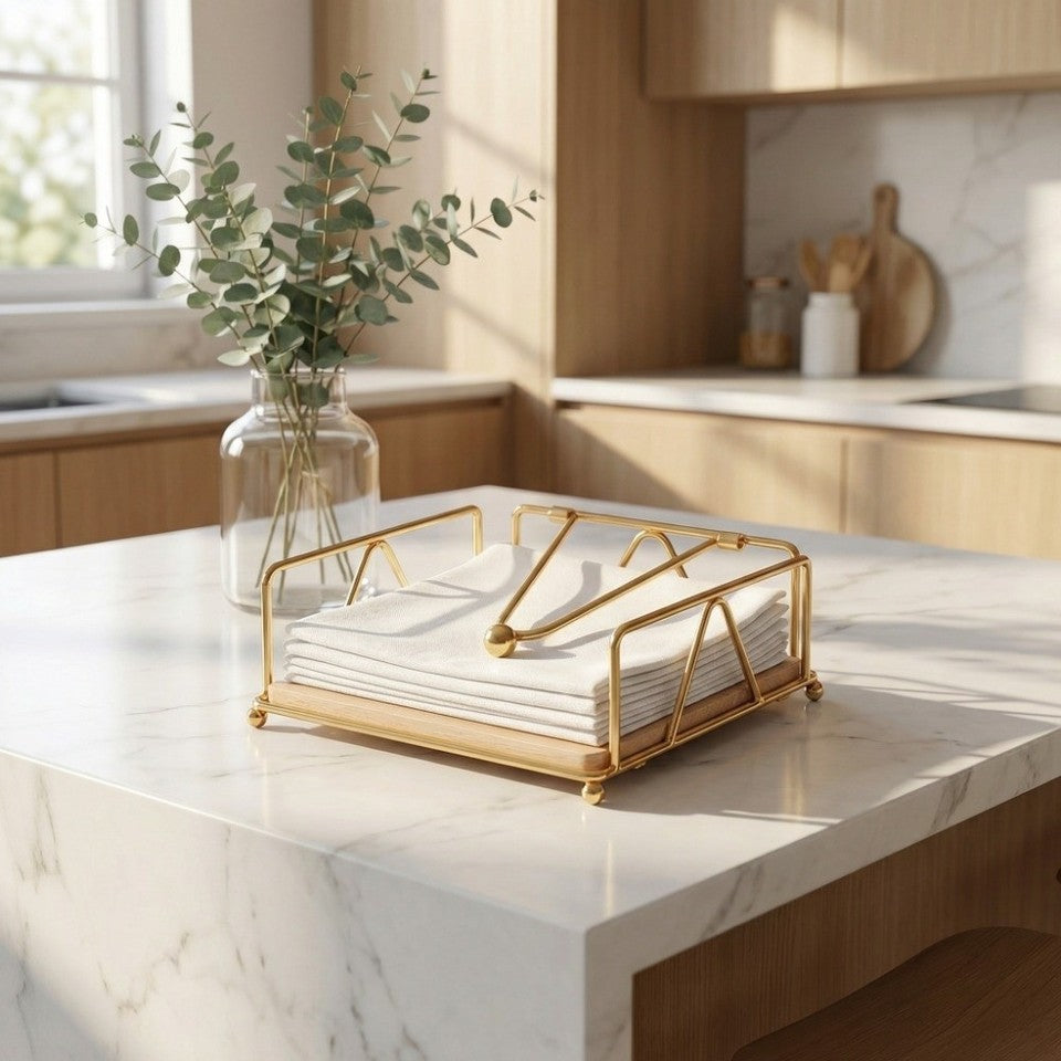 Modern metal napkin and tissue holder with weighted arm