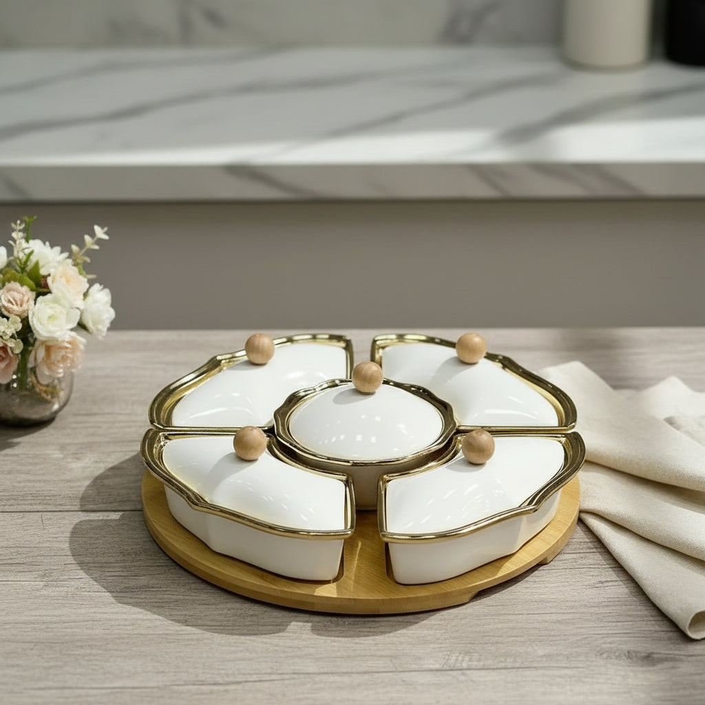 6-piece flower-shaped ceramic serving tray set with lids and wooden base