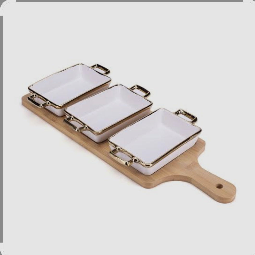 3-piece ceramic serving dish set with wooden tray and gold trim handles