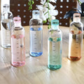 Time scale glass water bottle with measurement markings, leak-proof lid, and reusable design for daily hydration.